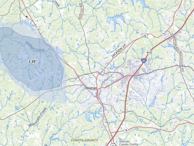 NEXRAD radar-signature map of the hail storm over Newnan, GA on Aug 21, 2026