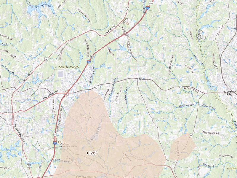 Radar-estimated hail-size map of the storm over Newnan, GA on Sep 19, 2026