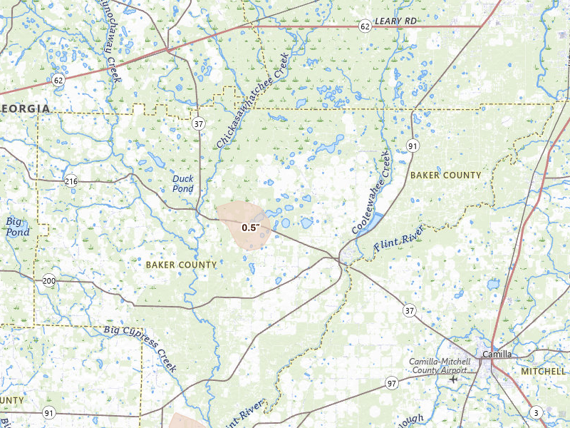 Radar-estimated hail-size map of the storm over Newton, GA on Apr 3, 2026