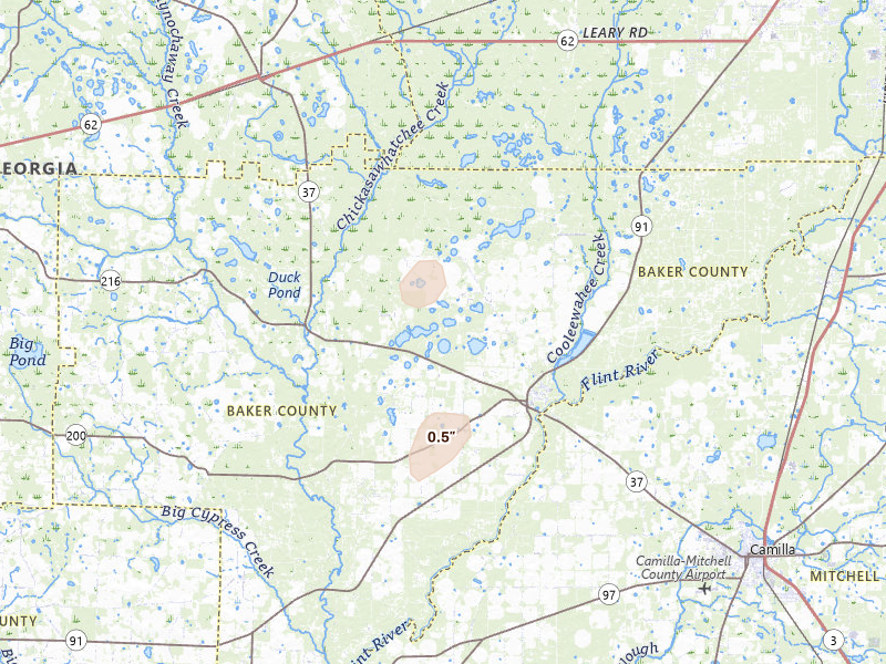 Radar-estimated hail-size map of the storm over Newton, GA on Jul 7, 2026