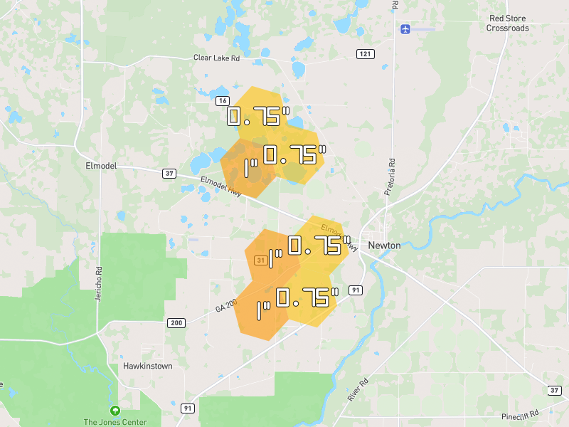 Hail map of Newton, GA on Jul 7, 2026, hail up to 1"