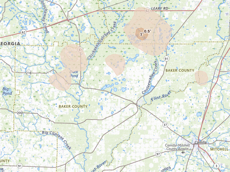 Radar-estimated hail-size map of the storm over Newton, GA on Jul 29, 2026