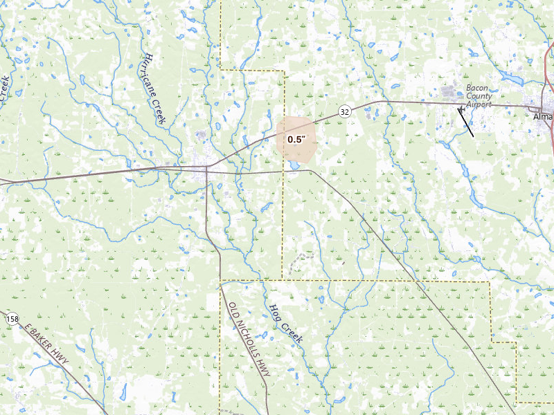 Radar-estimated hail-size map of the storm over Nicholls, GA on Mar 6, 2026