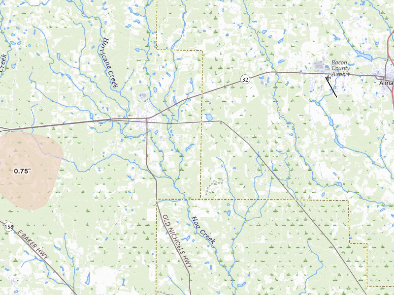 Radar-estimated hail-size map of the storm over Nicholls, GA on Jul 20, 2026