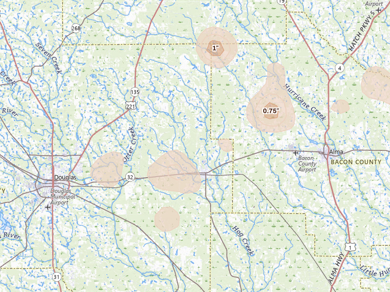 Radar-estimated hail-size map of the storm over Nicholls, GA on Aug 25, 2026