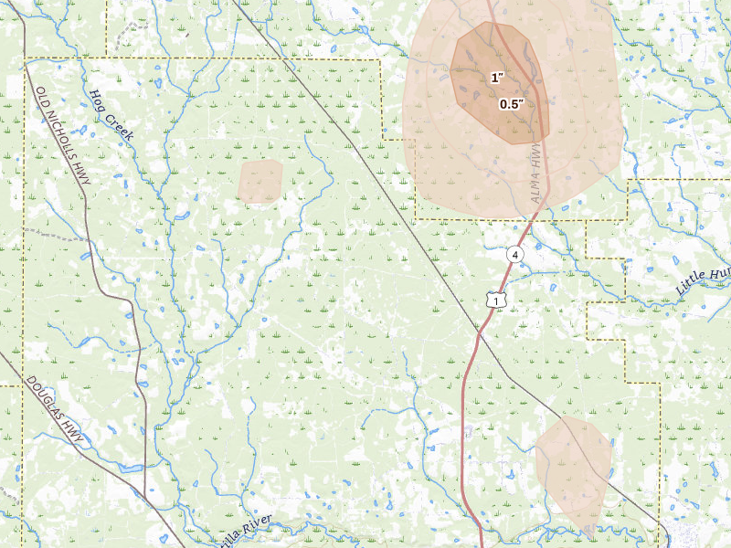 Radar-estimated hail-size map of the storm over Nicholls, GA