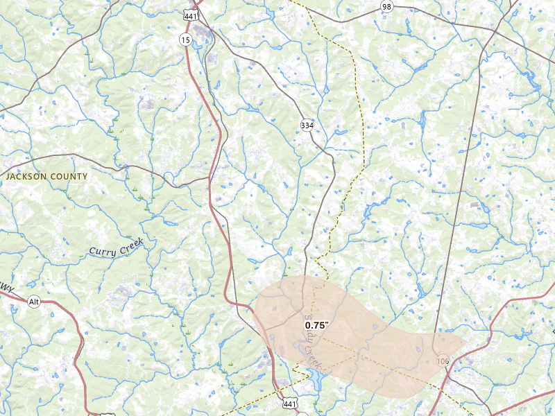 Radar-estimated hail-size map of the storm over Nicholson, GA on Jul 10, 2026