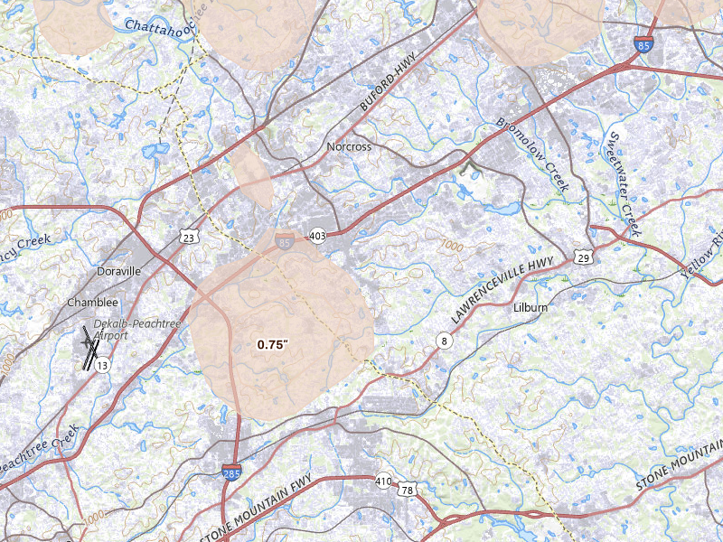 Radar-estimated hail-size map of the storm over Norcross, GA on Jul 4, 2026