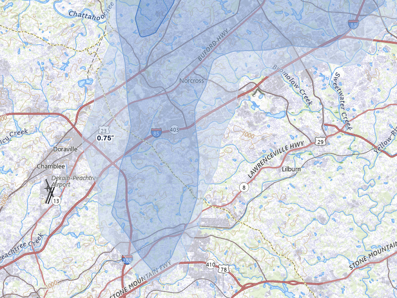 NEXRAD radar-signature map of the hail storm over Norcross, GA on Jul 4, 2026