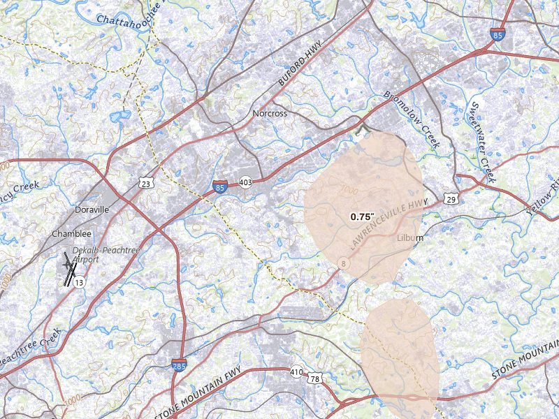 Radar-estimated hail-size map of the storm over Norcross, GA on Jul 16, 2026
