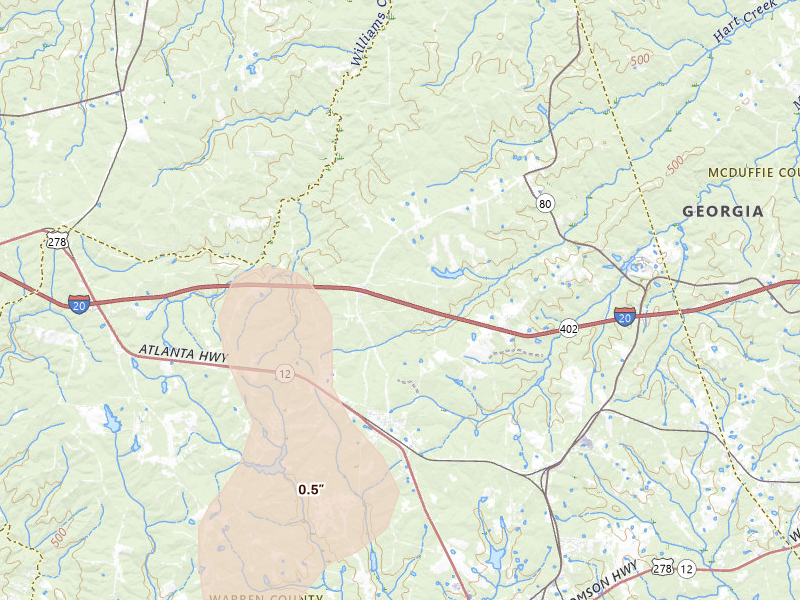 Radar-estimated hail-size map of the storm over Norwood, GA on Aug 6, 2026