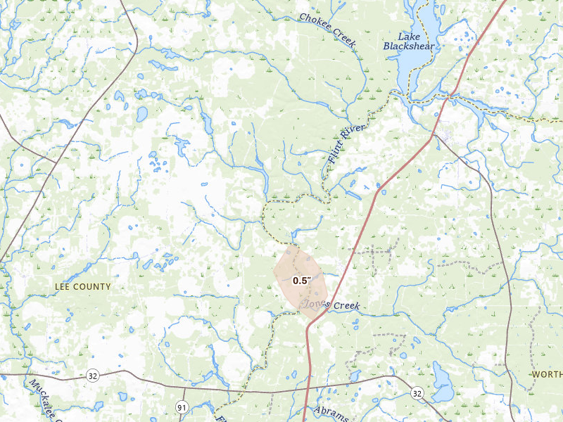 Radar-estimated hail-size map of the storm over Oakfield, GA on Jul 16, 2026