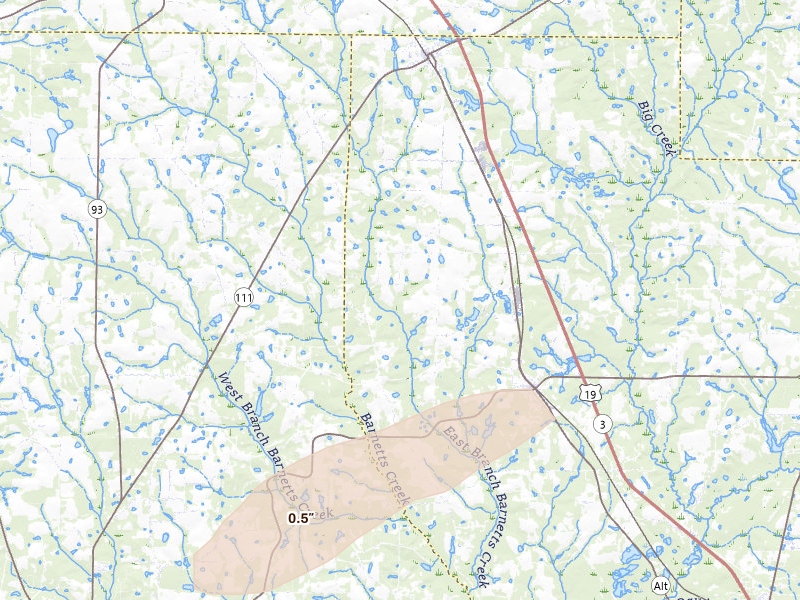 Radar-estimated hail-size map of the storm over Ochlocknee, GA on May 8, 2026