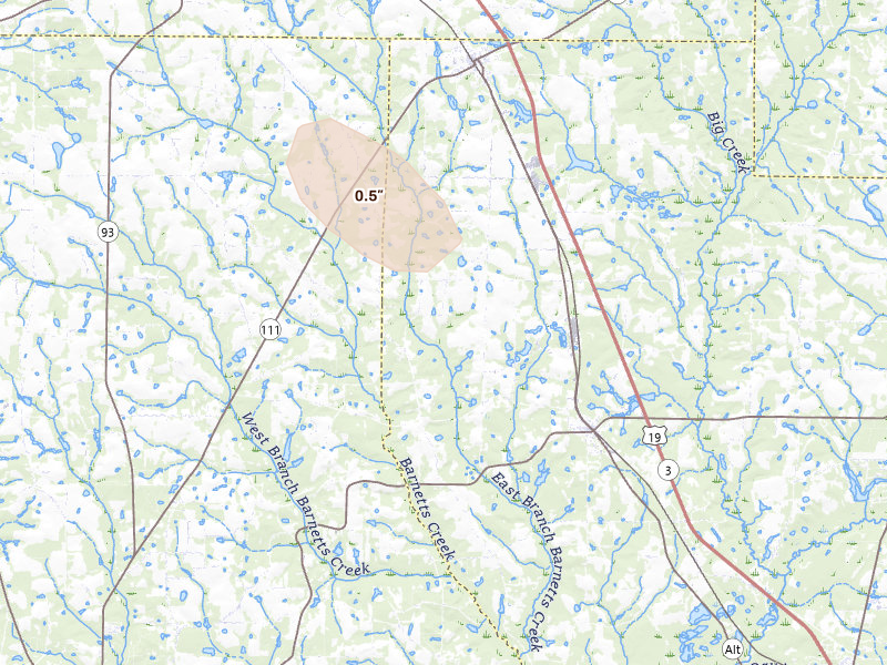 Radar-estimated hail-size map of the storm over Ochlocknee, GA on Aug 18, 2026