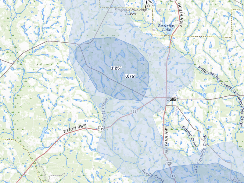 NEXRAD radar-signature map of the hail storm over Ocilla, GA on May 17, 2026