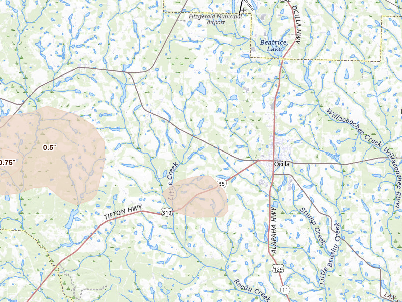 Radar-estimated hail-size map of the storm over Ocilla, GA on Jul 9, 2026