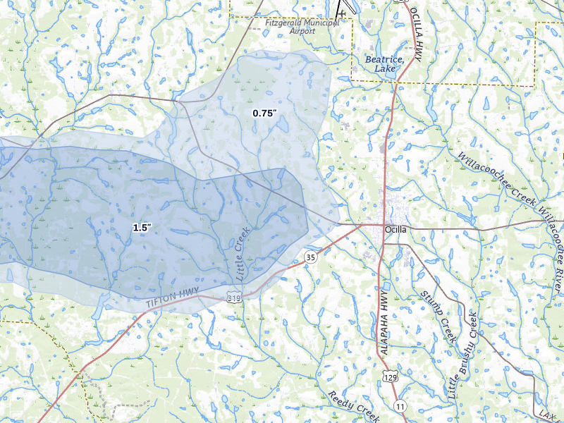 NEXRAD radar-signature map of the hail storm over Ocilla, GA on Jul 9, 2026