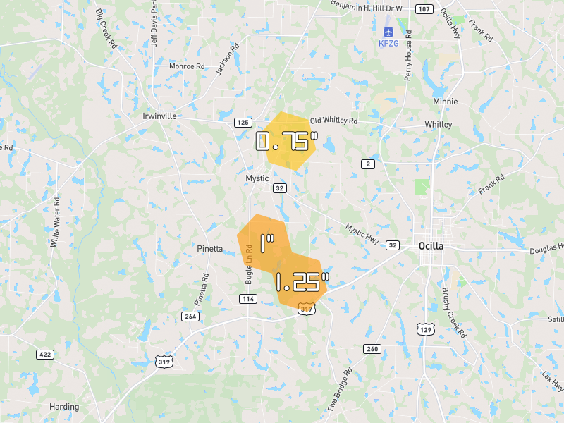Hail map of Ocilla, GA on Jul 10, 2026, hail up to 1.25"