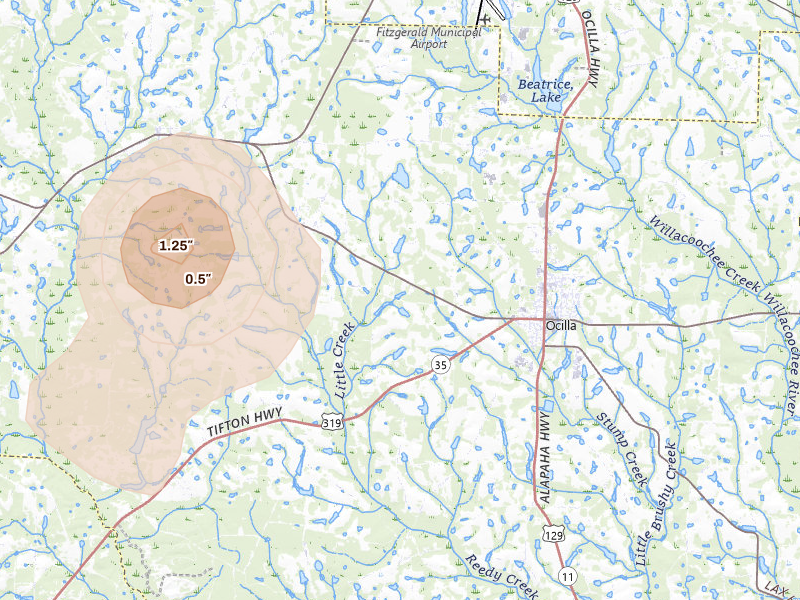 Radar-estimated hail-size map of the storm over Ocilla, GA on Jul 27, 2026