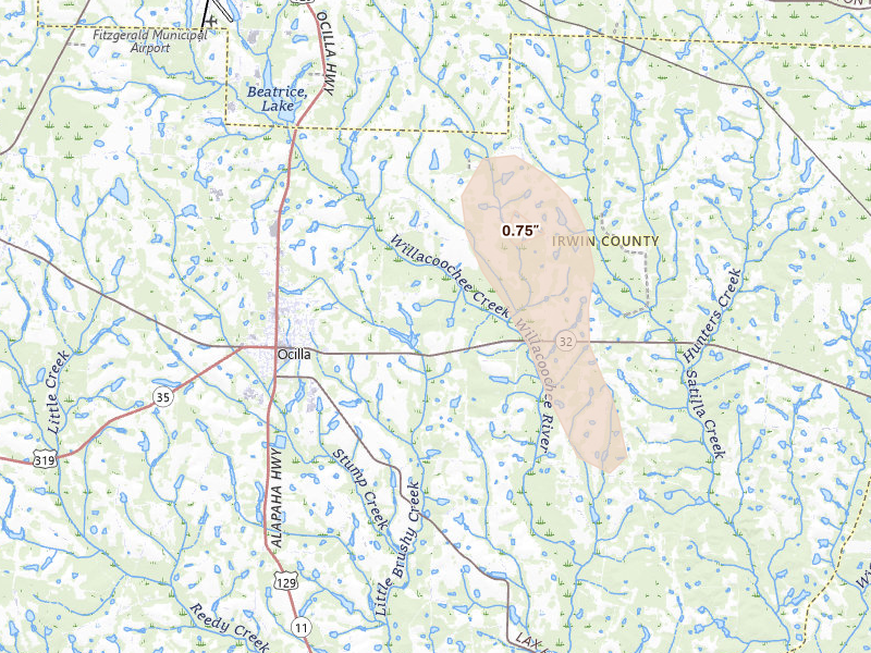 Radar-estimated hail-size map of the storm over Ocilla, GA on Aug 12, 2026