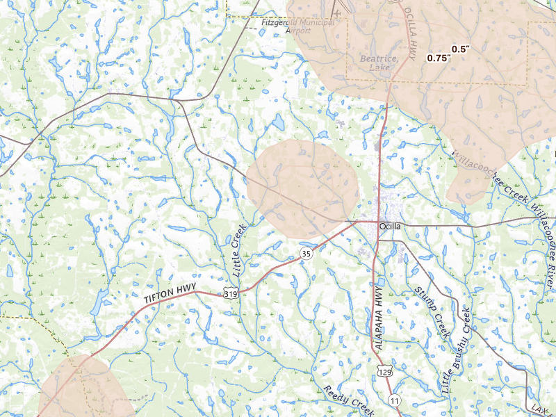 Radar-estimated hail-size map of the storm over Ocilla, GA on Aug 13, 2026