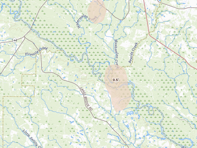 Radar-estimated hail-size map of the storm over Odum, GA on Jun 29, 2026