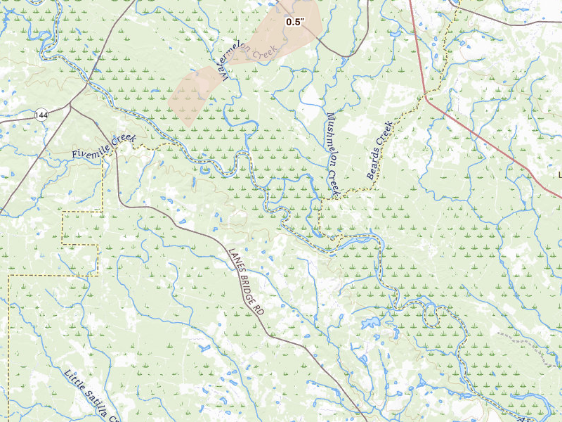 Radar-estimated hail-size map of the storm over Odum, GA on Jul 27, 2026