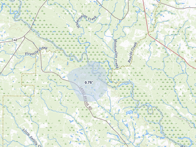 NEXRAD radar-signature map of the hail storm over Odum, GA on Jul 27, 2026