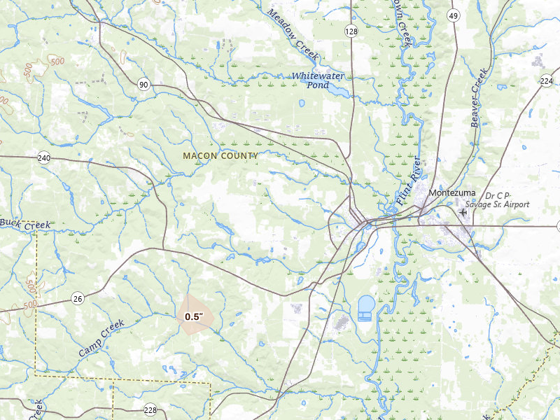 Radar-estimated hail-size map of the storm over Oglethorpe, GA on Aug 2, 2026