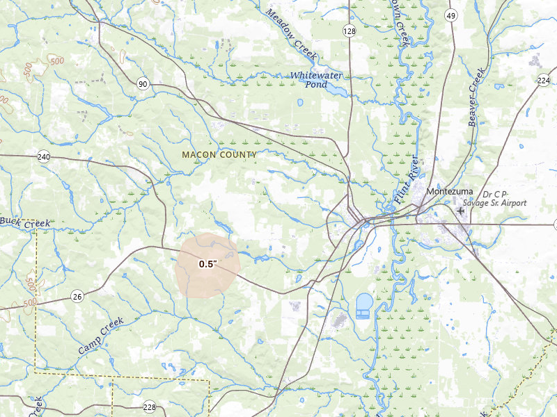Radar-estimated hail-size map of the storm over Oglethorpe, GA on Aug 21, 2026