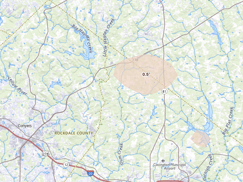 Radar-estimated hail-size map of the storm over Oxford, GA on Jul 11, 2026