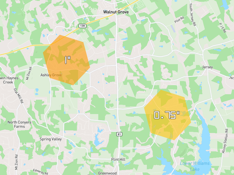 Hail map of Oxford, GA on Jul 11, 2026, hail up to 1"