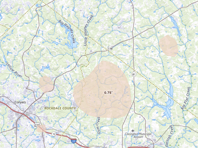 Radar-estimated hail-size map of the storm over Oxford, GA on Aug 5, 2026