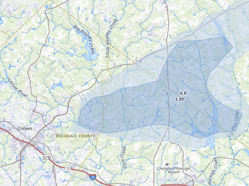 NEXRAD radar-signature map of the hail storm over Oxford, GA on Aug 5, 2026