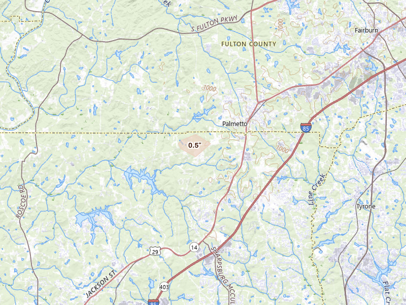 Radar-estimated hail-size map of the storm over Palmetto, GA on Jun 30, 2026