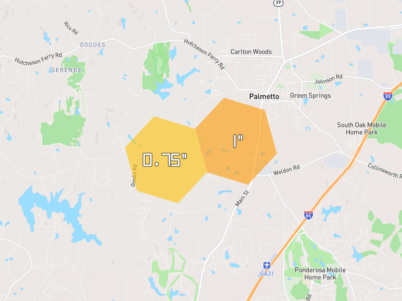 Hail map of Palmetto, GA on Jun 30, 2026, hail up to 1"