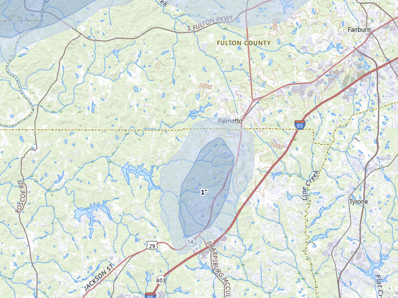 NEXRAD radar-signature map of the hail storm over Palmetto, GA on Jul 1, 2026