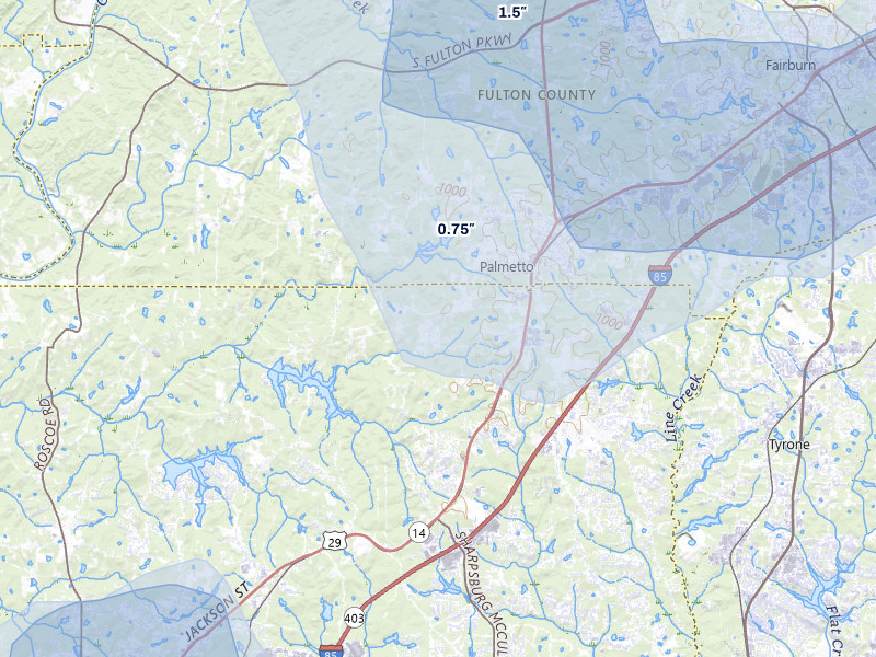 NEXRAD radar-signature map of the hail storm over Palmetto, GA on Jul 3, 2026