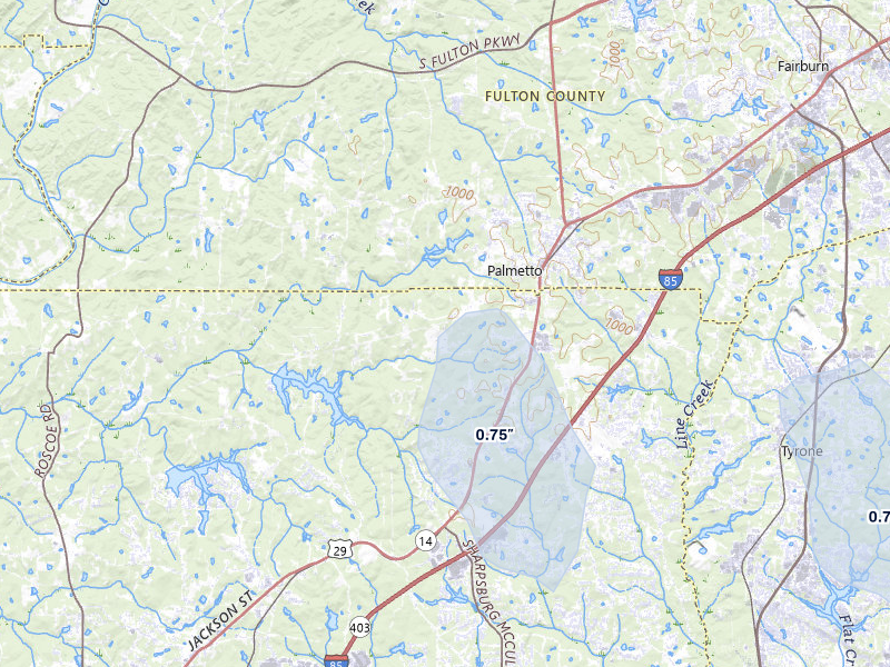 NEXRAD radar-signature map of the hail storm over Palmetto, GA on Jul 28, 2026