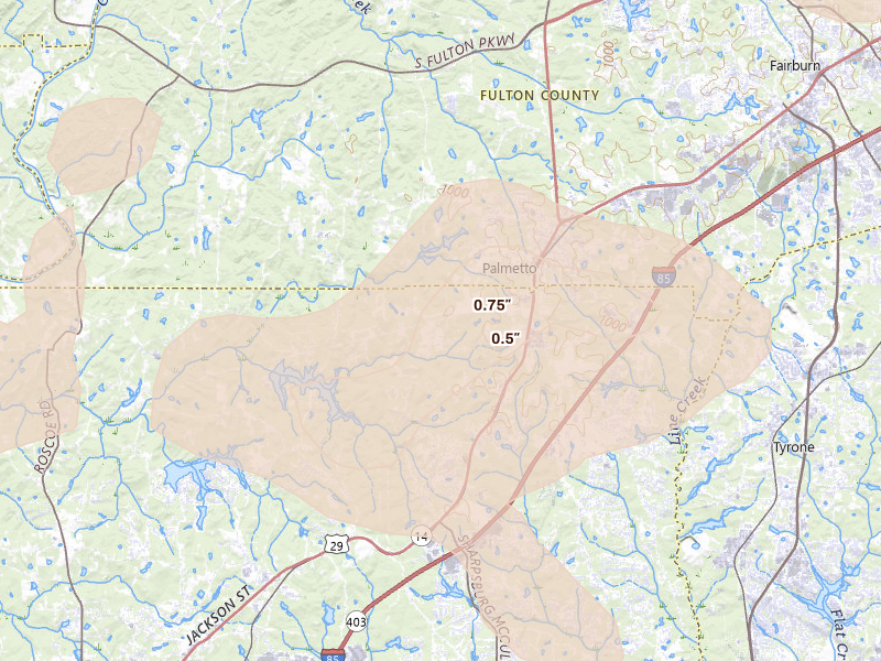 Radar-estimated hail-size map of the storm over Palmetto, GA on Aug 11, 2026