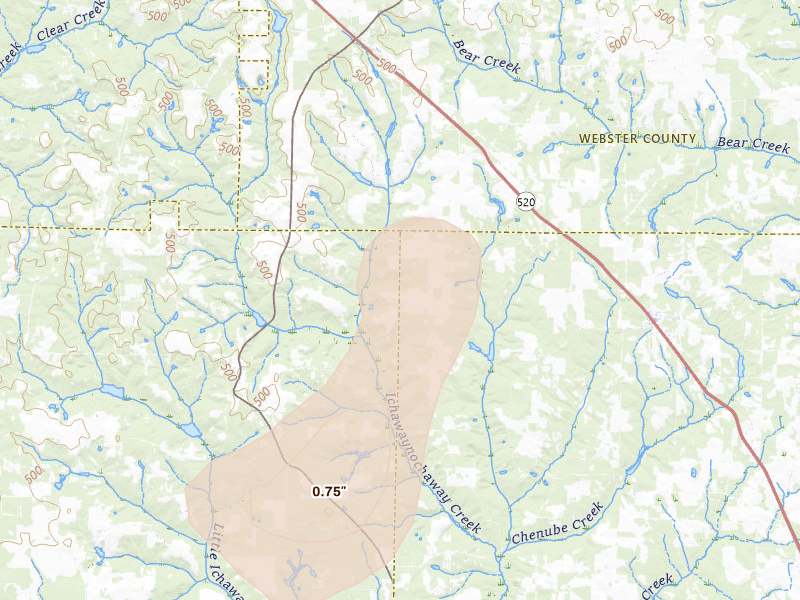 Radar-estimated hail-size map of the storm over Parrott, GA on Aug 13, 2026