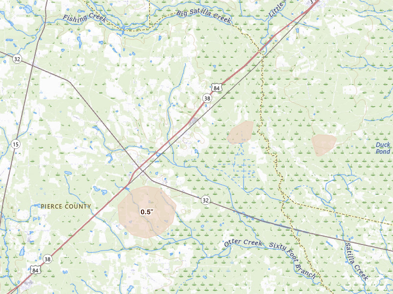Radar-estimated hail-size map of the storm over Patterson, GA on Jun 20, 2026