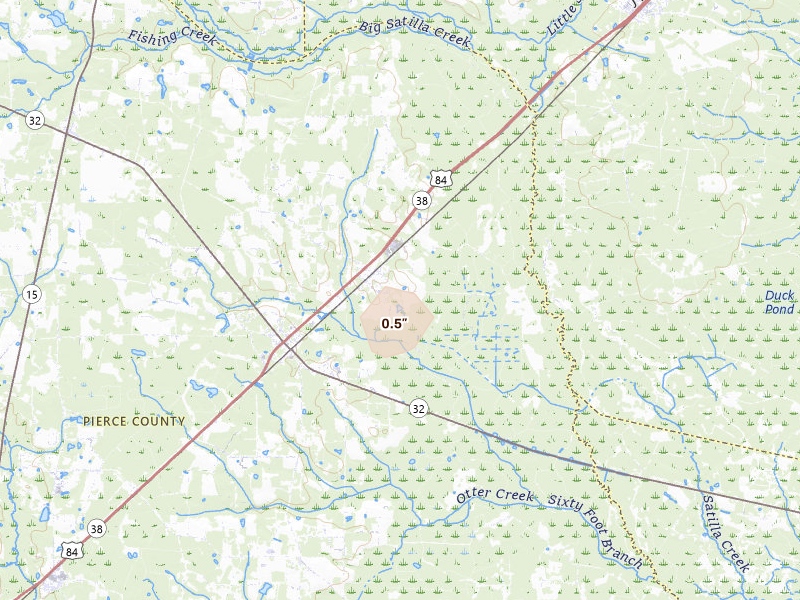 Radar-estimated hail-size map of the storm over Patterson, GA on Aug 14, 2026