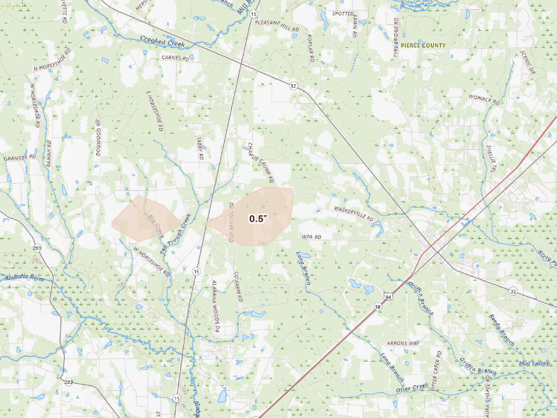 Radar-estimated hail-size map of the storm over Patterson, GA