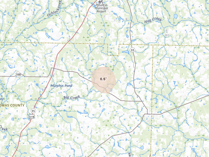 Radar-estimated hail-size map of the storm over Pavo, GA on Aug 19, 2026