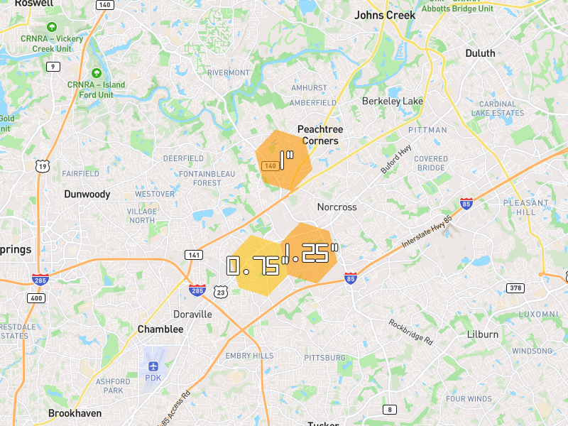 Hail map of Peachtree Corners, GA on Jul 5, 2026, hail up to 1.25"