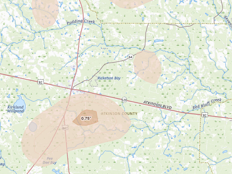 Radar-estimated hail-size map of the storm over Pearson, GA on May 17, 2026