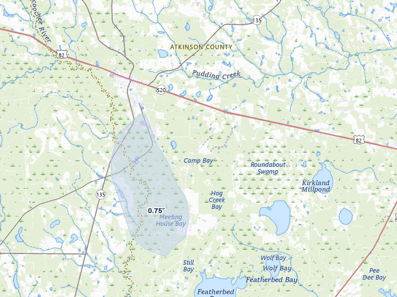 NEXRAD radar-signature map of the hail storm over Pearson, GA on Jul 29, 2026
