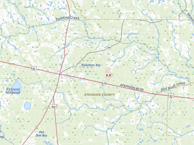 Radar-estimated hail-size map of the storm over Pearson, GA on Aug 12, 2026