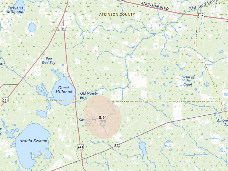 Radar-estimated hail-size map of the storm over Pearson, GA on Aug 14, 2026